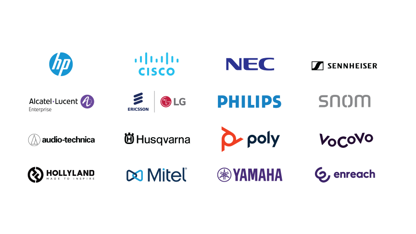 RTX client logos including hp, Alcatel Lucent, audio-technica, Hollyland, Cisco, LG, Husqvarna, Mitel, NEC, Philips, Poly, Yamaha, Sennheiser, Snom, Vocovo, Enreach