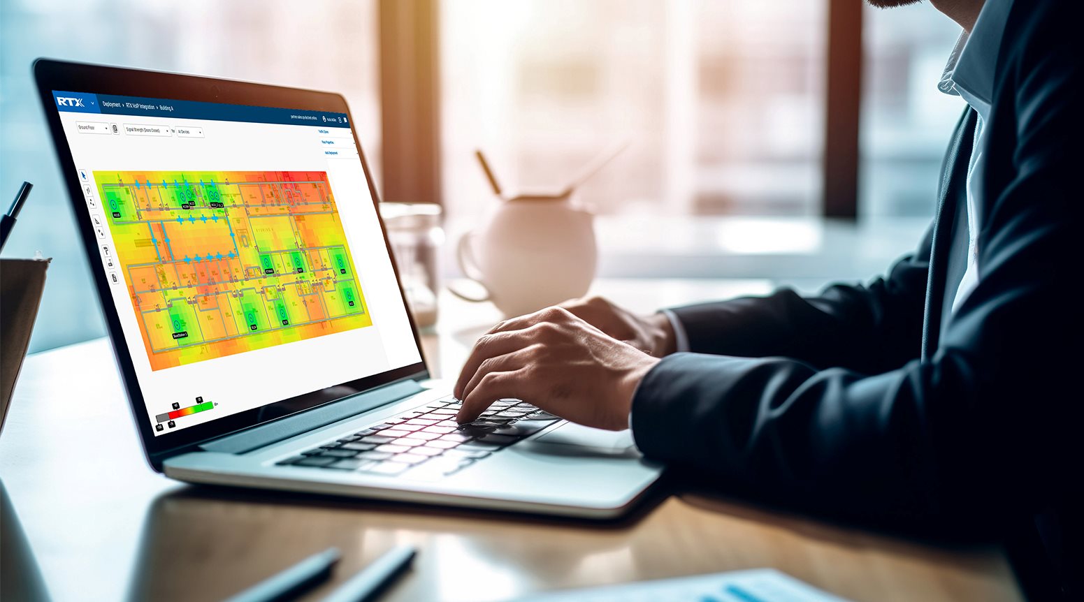 RTX DECT Planning tool, part of RTX Cloud Services solution, displayed on laptop screen