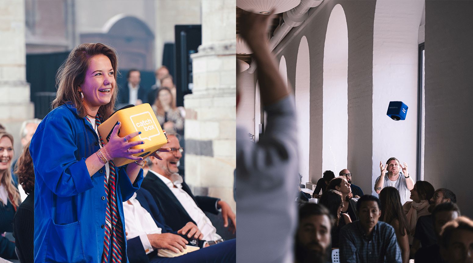 two conference images with Catchbox in use with RTX Sheerlink™ technology